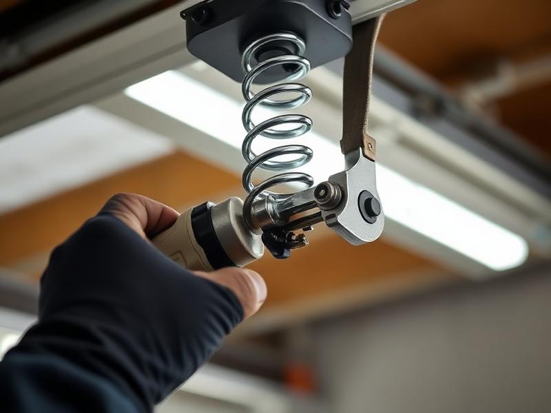 Professional technician adjusting garage door spring balance mechanism with specialized tools