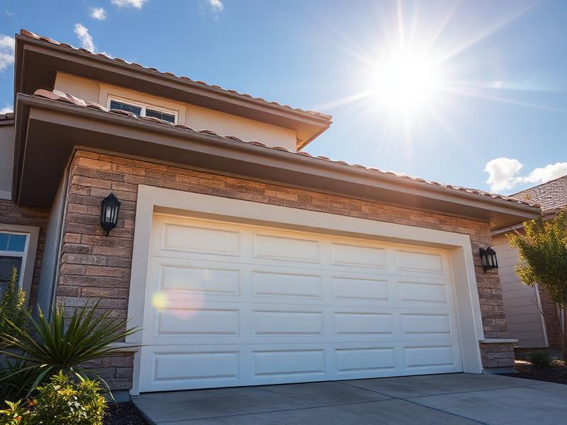 Garage door with summer sun and blue sky showing hot weather conditions