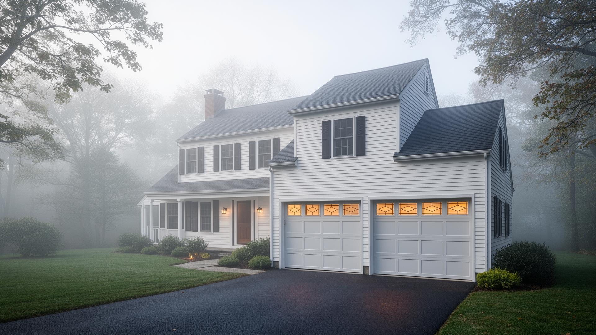 Professional garage door installation on beautiful New England colonial home with geometric window patterns